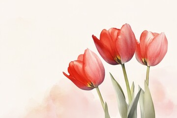 Fototapeta premium Watercolor tulips, delicate, soft, pink-red, blossoms, light background