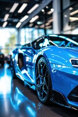 Obraz premium Vibrant Blue Sports Car on Display in High-End Dealership Showroom