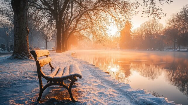 Snowy park bench sunrise, winter calm, misty lake
