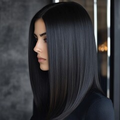 Stunning Profile of a Woman with Long, Straight, Jet-Black Hair Cascading Down Her Shoulders, Exuding Elegance and Smoothness