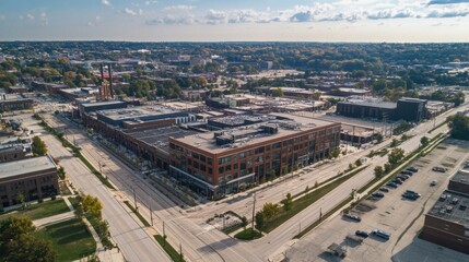 Obraz premium An aerial perspective of an urban renewal project transforming an industrial area into a vibrant mixed-use district, Urban renewal scene, Industrial transformation style