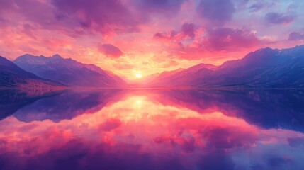 Obraz premium A romanticism art-inspired landscape with a dramatic sky, towering mountains, and a serene lake reflecting the vivid colors of the sunset.