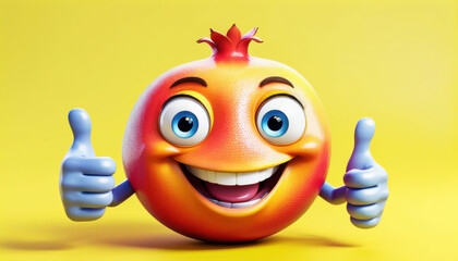A stylized pomegranate with a friendly expression who smiles and shows the “everything is super” gesture with both hands.