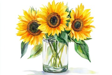 Obraz premium Watercolor sunflowers in clear vase