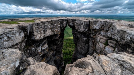 Dramatic clifftop view, valley below, cloudy sky, nature landscape, travel