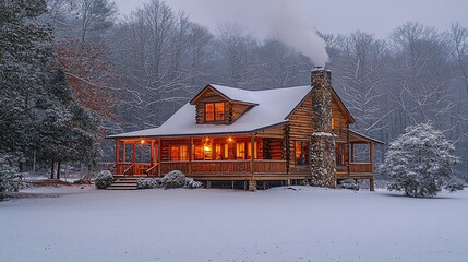 Cozy snow-covered cabin, warm lights, winter forest background, ideal for winter holiday or real estate ads