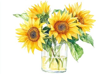 Obraz premium Watercolor sunflowers in vase, bright yellow blooms, cheerful bouquet, isolated on white background