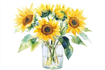 Obraz premium Watercolor bouquet of sunflowers in a glass vase
