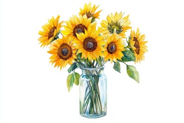 Watercolor sunflowers in glass vase, bright yellow flowers, artistic arrangement