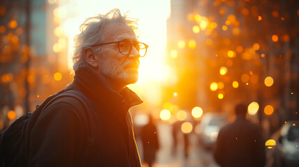 Naklejka premium Golden Hour urban portrait of a senior tourist on city streets