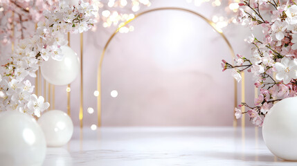 Captivating wedding backdrop with cherry blossoms and elegant decor