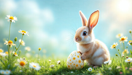 Obraz premium Easter celebration HD background. Bunny and egg for Easter background celebration