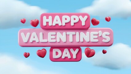 Fototapeta premium 3d Illustration of Pink red hearts floating over blue cloudy sky, romantic Valentine's Day graphic rendering celebrating love and connection