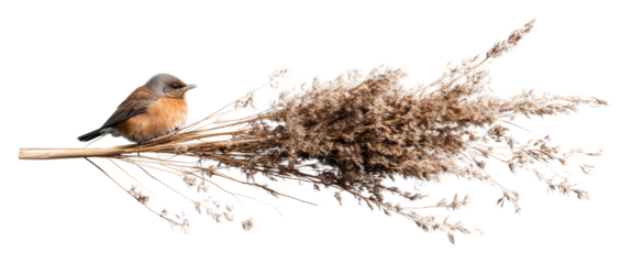 Bird perched on a branch with dry grass