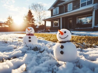 Obraz premium Captivating snowman decorations in a winter wonderland backyard setting photography snowy environment warm glow holiday spirit
