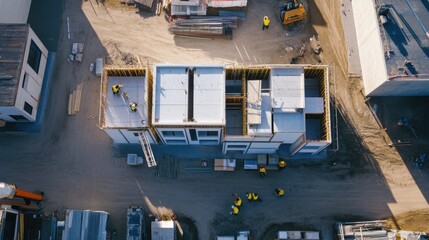 An aerial view of a construction crew assembling prefabricated modular units for a sustainable housing project, Modular housing assembly scene, Eco-friendly construction style