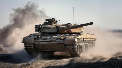 Military Tank Moving Through Dusty Terrain