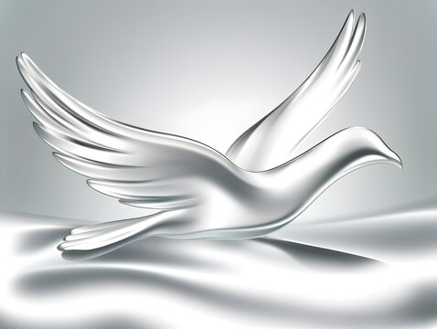 Silver Dove of Peace: A minimalist depiction of a dove in flight, rendered in gleaming silver against a soft, shimmering backdrop. The image evokes a sense of tranquility, purity, and hope.