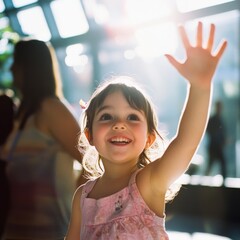 A joyful girl in a pink dress waves exuberantly, surrounded by soft sunlight filtering through large windows, creating a playful and warm scene.