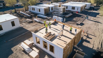An aerial view of a construction team assembling modular units for a rapid affordable housing initiative, Affordable housing construction scene, Modular construction style