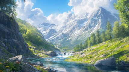 Serene Mountain Valley Landscape: A Breathtaking Vista of Majestic Peaks, Lush Greenery, and a Tranquil River