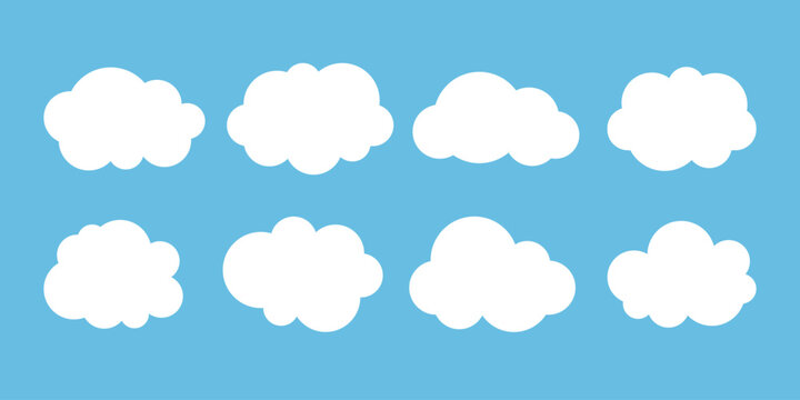 White fluffy cloud silhouette isolated on blue background. Minimalist clouds set. Great for web design, apps, children books, environmental graphics, weather icons