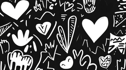 Abstract Black and White Pattern with Hand-Drawn Hearts, Shapes, and Lines Perfect for Backgrounds and Creative Projects in Modern Art Style