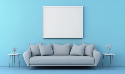 Blank frame mockup, modern living room, blue wall, sofa, interior design