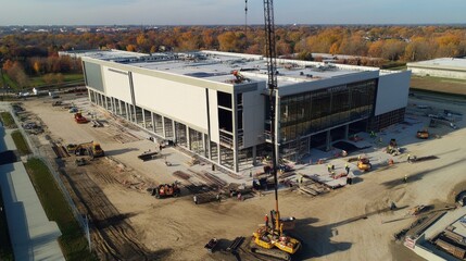An aerial view of a construction team assembling prefabricated components for a state-of-the-art hospital expansion, Hospital construction scene, Healthcare infrastructure style