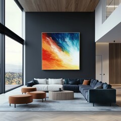 Bold wall art piece showcasing decorative resilience in a modern living room overlooking scenic views