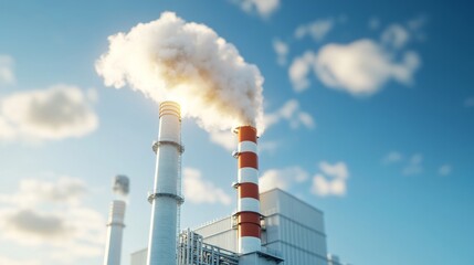 Industrial smokestacks releasing white clouds of vapor into a blue sky, showcasing the contrast between modern energy production and environmental concerns worldwide
