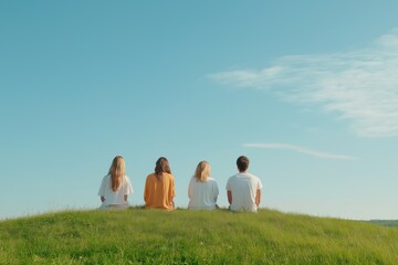 Four people are sitting on a grassy hill, enjoying the beautiful blue sky above them. Concept of relaxation and tranquility