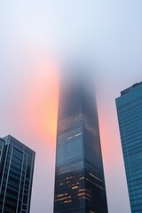 Obraz premium A tall building with a large window is seen through a foggy mist. The building is surrounded by other buildings, and the fog gives the scene a mysterious and somewhat eerie atmosphere
