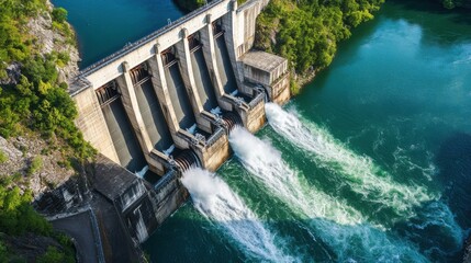An aerial view of a hydroelectric dam with water turbines generating renewable electricity, Hydroelectric power scene, Environmental and energetic style