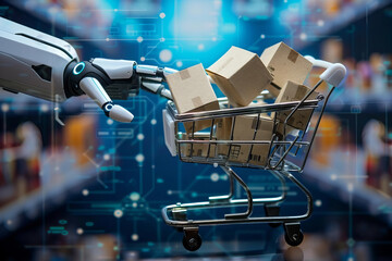 Robotic Hand Holding Miniature Shopping Cart Filled With Cargo Boxes on Blue Technological Background