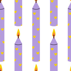 Decorative purple candles with heart patterns on a white background