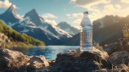 refreshing sparkling water ad with pure mountain landscape backdrop