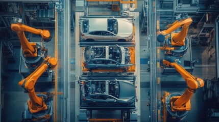 An aerial view of a modern automotive assembly line with robots and workers assembling cars, Automotive assembly line scene, Automated and precise style