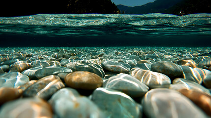 Underwater River Rocks, Mountain Background, Nature Scene