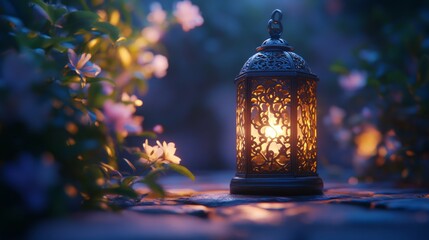 Peaceful Ramadan evening with a glowing lantern and soft blue and gold color palette, perfect for meditation or reflection
