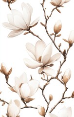 Delicate magnolia blossoms on branches,  white and beige,  floral pattern.  Possible use wallpaper, fabric design