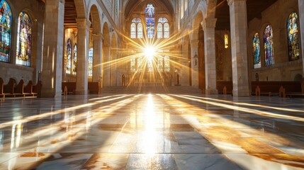 Fototapeta premium Golden sunlight filtering through stained glass in iconic churches of bethlehem showcasing religious heritage in a serene environment