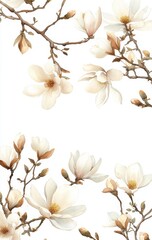 Delicate magnolia blossoms, floral design, elegant branches, white background