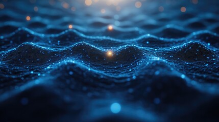 Abstract representation of waves with glowing particles, evoking a sense of depth and motion.