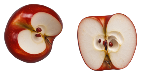 Fresh red apple cut in half revealing seeds