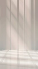 Sunlit Minimalist Room:  Clean, bright interior space with subtle vertical shadows cast by sunlight through an unseen window, creating a calm, airy atmosphere.