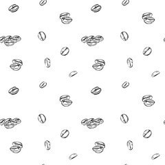 Black and white seamless pattern featuring hand-drawn coffee beans scattered across a white background, perfect for textiles, wallpapers, and packaging.