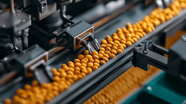 Close-up of a food processing line showcasing vibrant yellow pellets moving through machinery