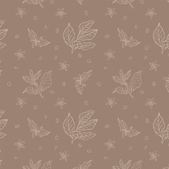 A seamless pattern featuring hand-drawn coffee plant branches, beans, and flowers on a brown background, ideal for packaging, textiles, and wallpapers.