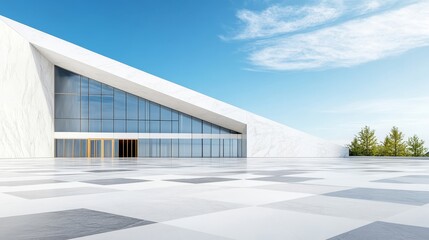 Obraz premium Modern architectural design of a sleek building with large glass windows and minimalistic features against a clear blue sky and green trees in the background